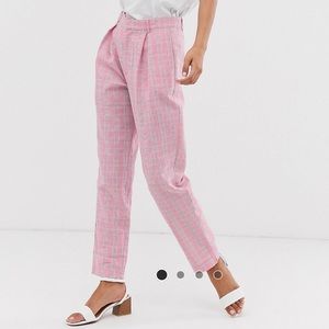 Pink ASOS pants with light blue plaid